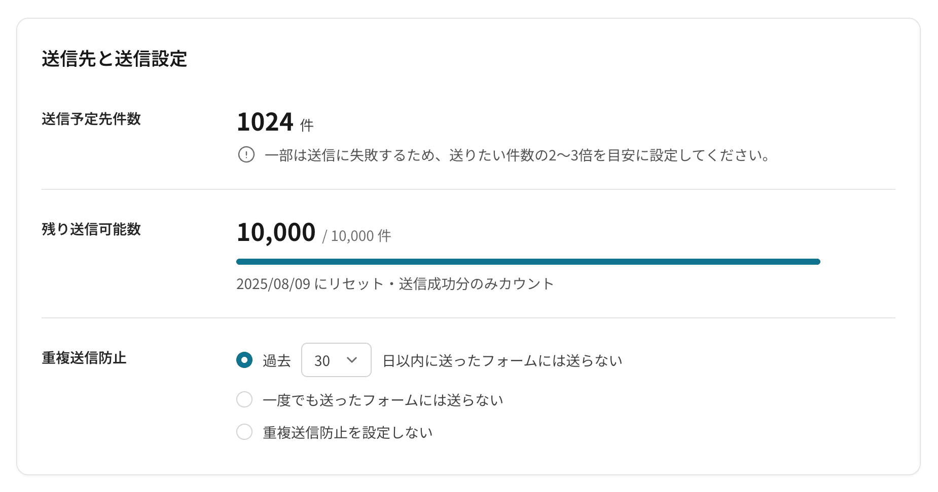 重複送信防止の設定。「過去30日以内に送ったフォームには送らない」「一度でも送ったフォームには送らない」「重複送信防止設定をしない」の3つから選ぶ